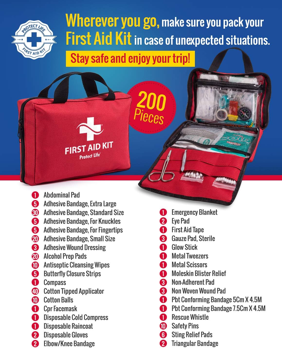 First Aid Kit for Car - Home, Traveling, Camping, Office or Sports | 200 Pieces Bag Equipped with Medical Supplies: Health & Personal Care