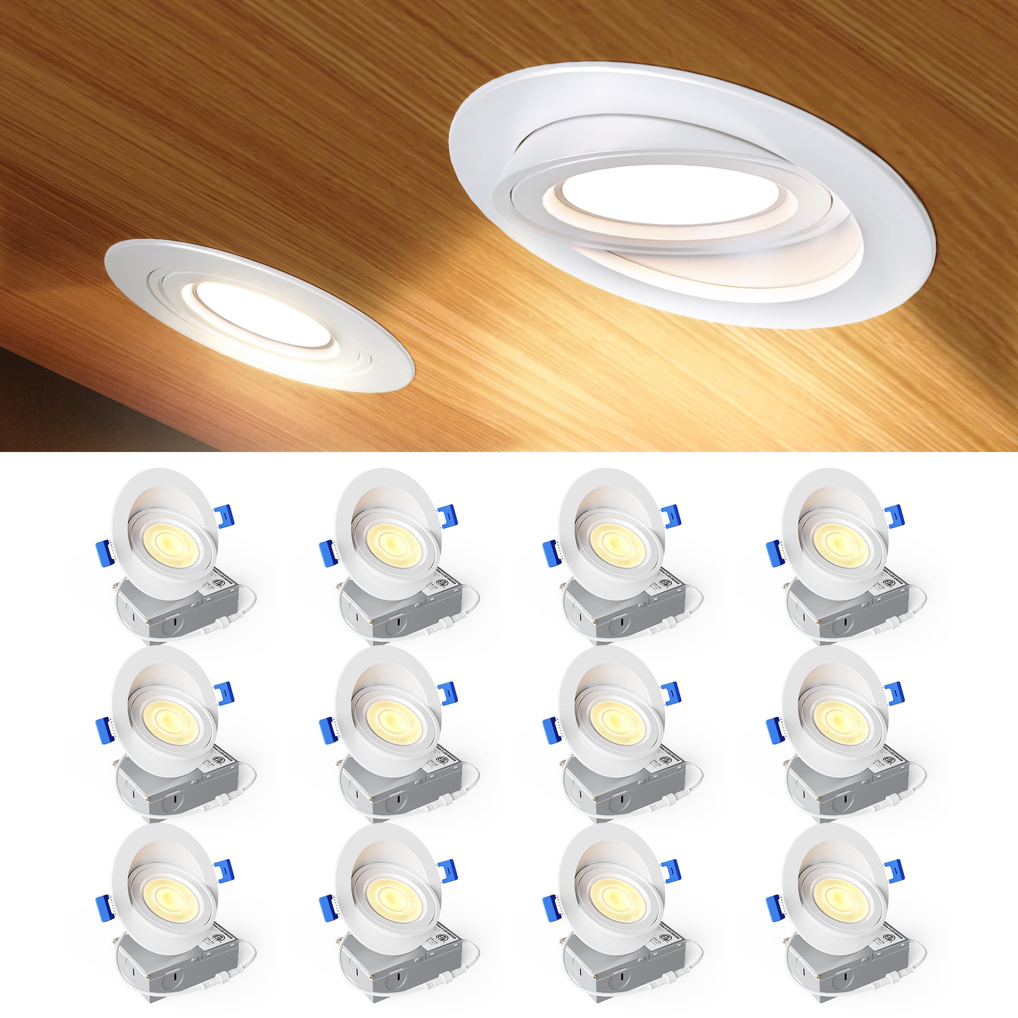 Photo 1 of Ensenior 12 Pack 4 inch 5CCT LED Gimbal Led Recessed Light with Junction Box, 360°+90° Adjustable Directional Eyeball Lighting, Dimmable, 2700K/3000K/3500K/4000K/5000K, 900LM, 9W=85W, 120V-ETL&FCC