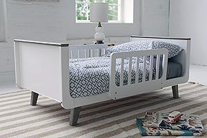 Little Partners MOD Kids Bed - Solid Wood Classic Design Transitional Toddler Bed with Rails for Children's Bedroom with Two Safety Guards, Low-to-Ground Profile (White/Earl Grey)