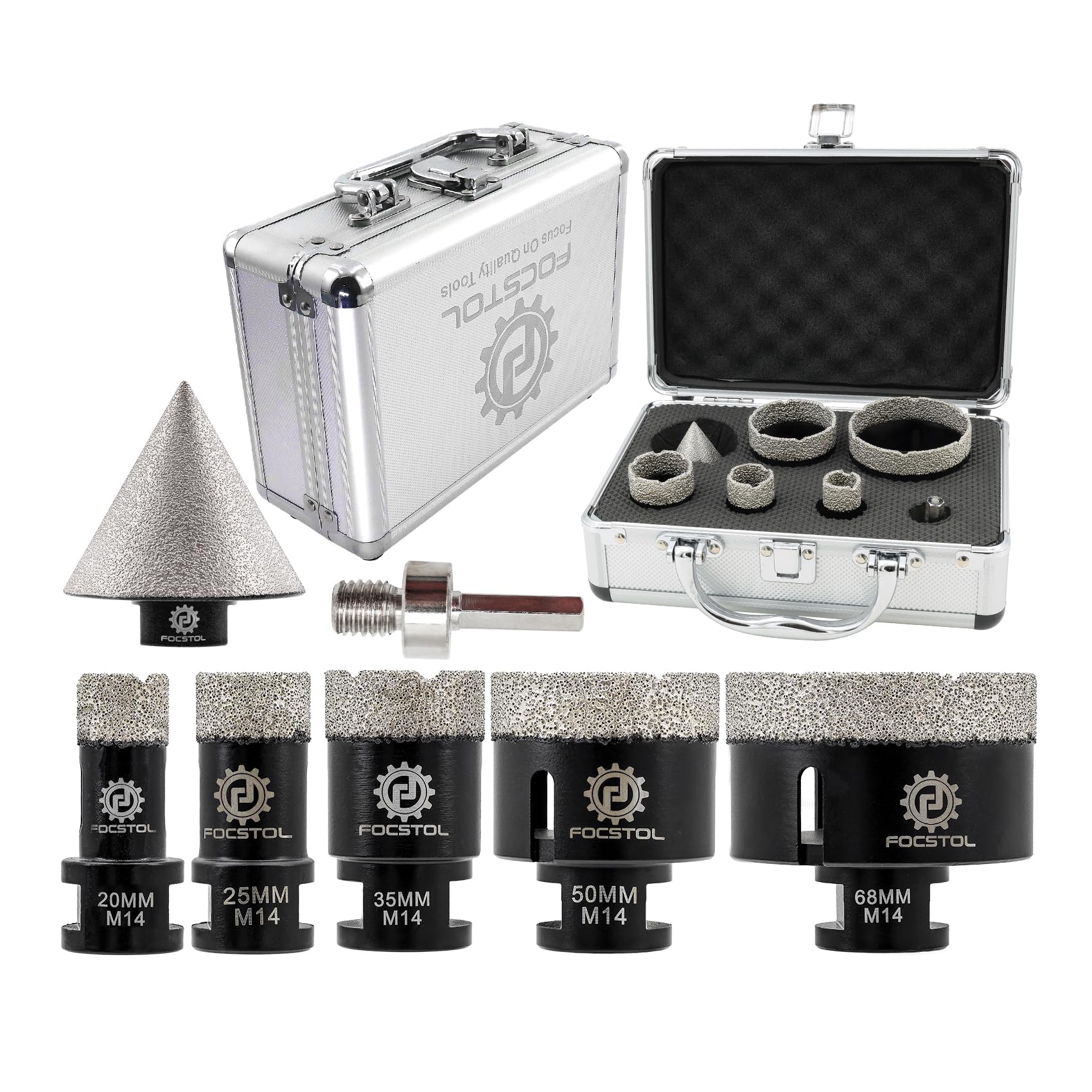 Diamond Core Drill Bits Set - FOCSTOL 7pcs (20/25/35/50/68mm+20mm Beveling Chamfer Bit+Hex) Diamond Hole Saw Kit for Porcelain Ceramic Tile Marble Granite — image 1