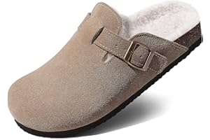 KIDMI Women's Fur Lined Suede Clogs Fuzzy Cork Footbed Mules Slip On Winter Potato Shoes