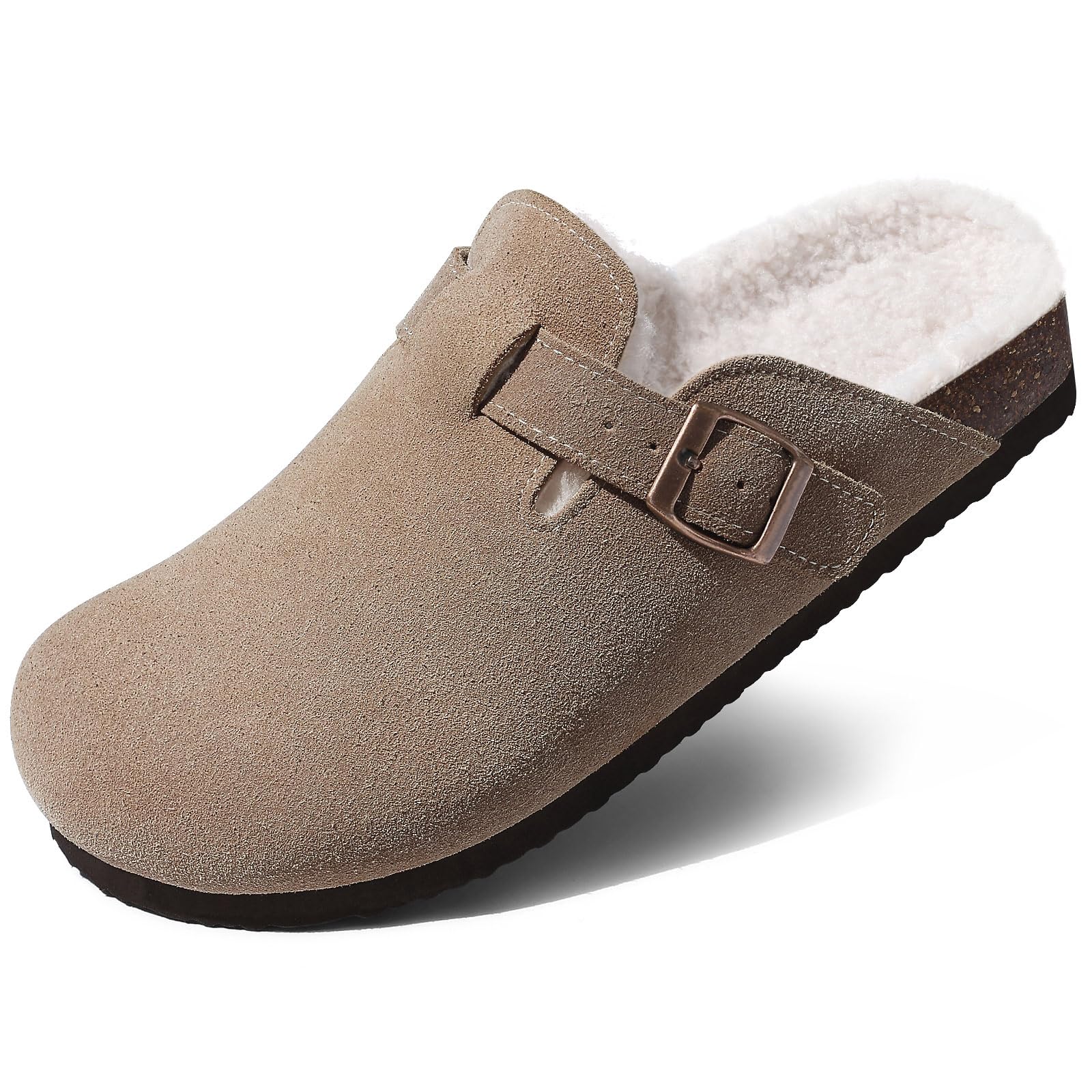 KIDMI Women's Fur Lined Suede Clogs Fuzzy Cork Footbed Mules Slip On Winter Potato Shoes