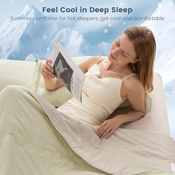 SNOWMAN COOLING COMFORTER QUEEN SIZE DOUBLE-SIDED, SOFT COOLING BLANKET FOR HOT SLEEPERS, COLD TOUCH FABRIC SUMMER QUILT, LIGHTWEIGHT Q-MAX>0.4 SILK SMOOTH (YELLOW GREEN/CREAM, 90″X90″)