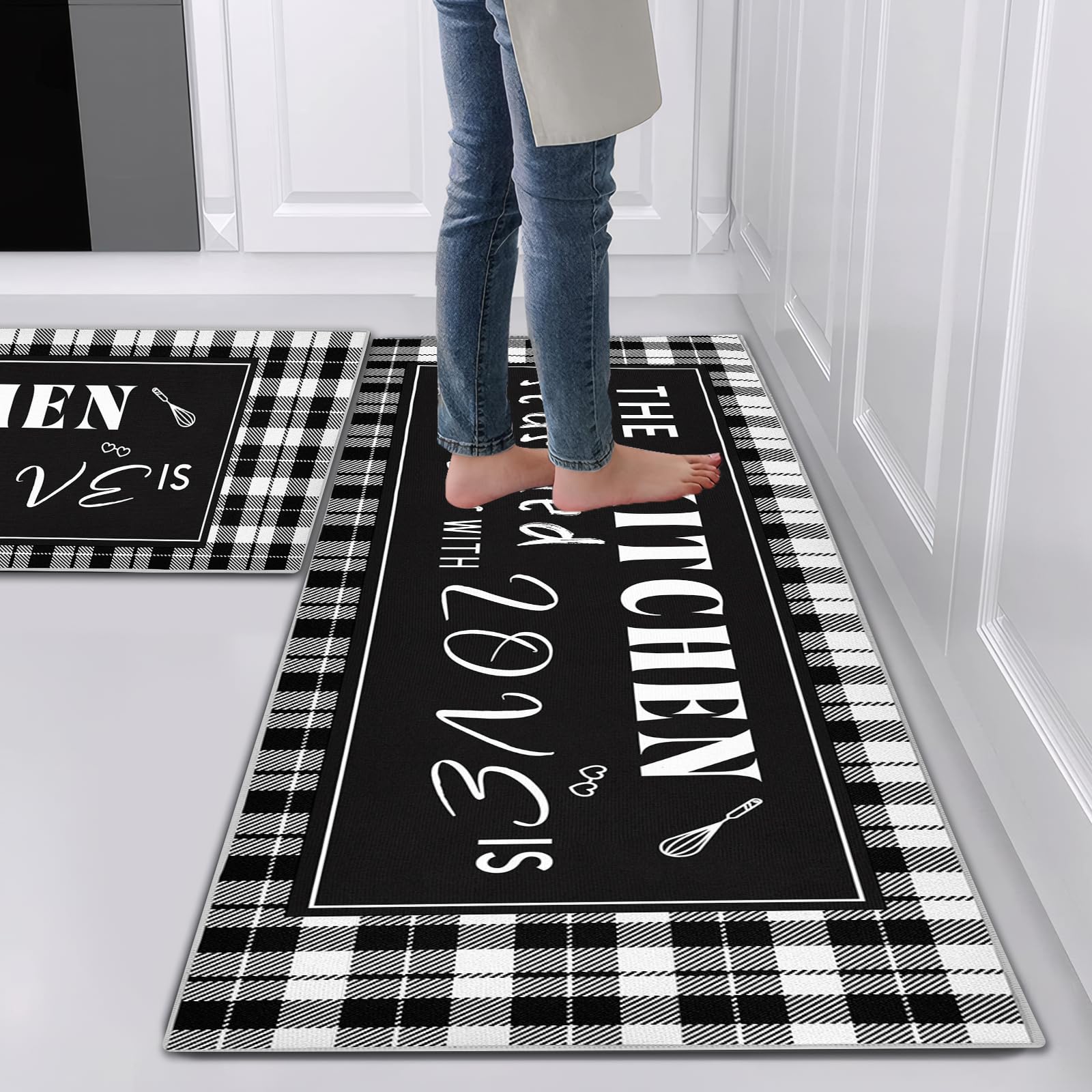 Kitchen Rug Set 2 Pieces Non Slip and Anti Fatigue Kitchen Mat Set, Washable Kitchen Floor Mat For Kitchen ,Standing Mats for Office Home Decoration Indoor Outdoor (Kitchen-love, 40x60cm+40x120cm)