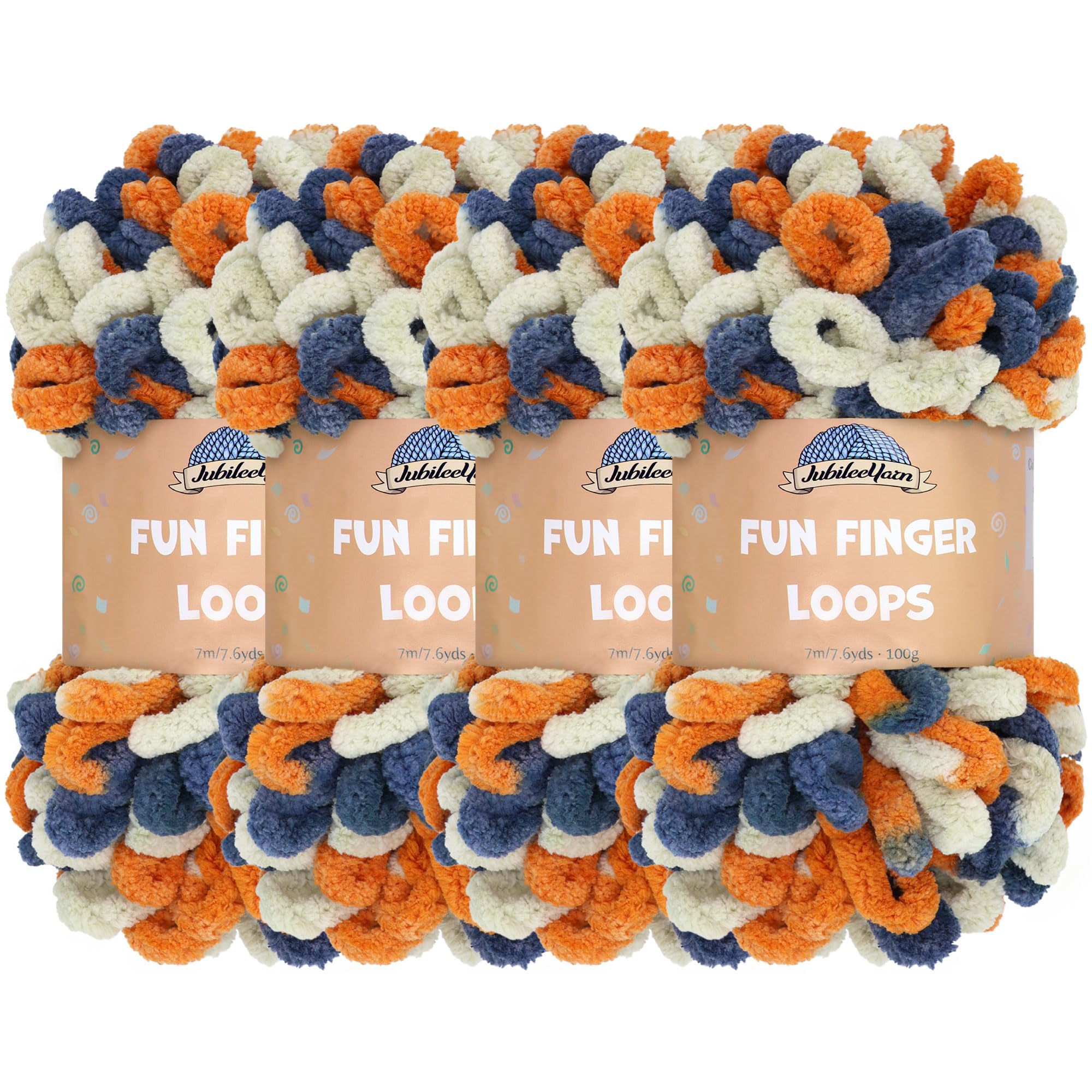 JubileeYarn Fun Finger Loops Yarn - Polyester Jumbo Weight Loop Yarn - 100g/Skein - Orange Navy Tan - 4 Skeins — image 1