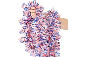 CIPOWM 33FT 4th of July Patriotic Tinsel Garland Red White Blue Metallic Twist Foil Tinsel Garland with Flag for Memorial Day Independence Day Party Door Tree Indoor Outdoor Decoration