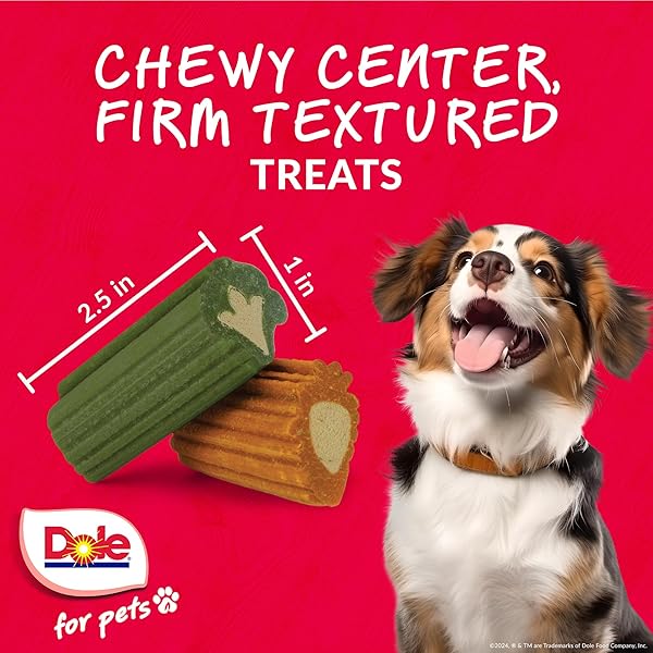 DOLE FOR PETS DOG CHEWS, ASSORTED BROCCOLI + CARROT VEGETABLE-FLAVORED TREATS, NO ARTIFICIAL COLORS FLAVORS OR PRESERVATIVES, NO WHEAT CORN SOY, PLANT BASED DOG TREATS, 7.05 OZ BAG