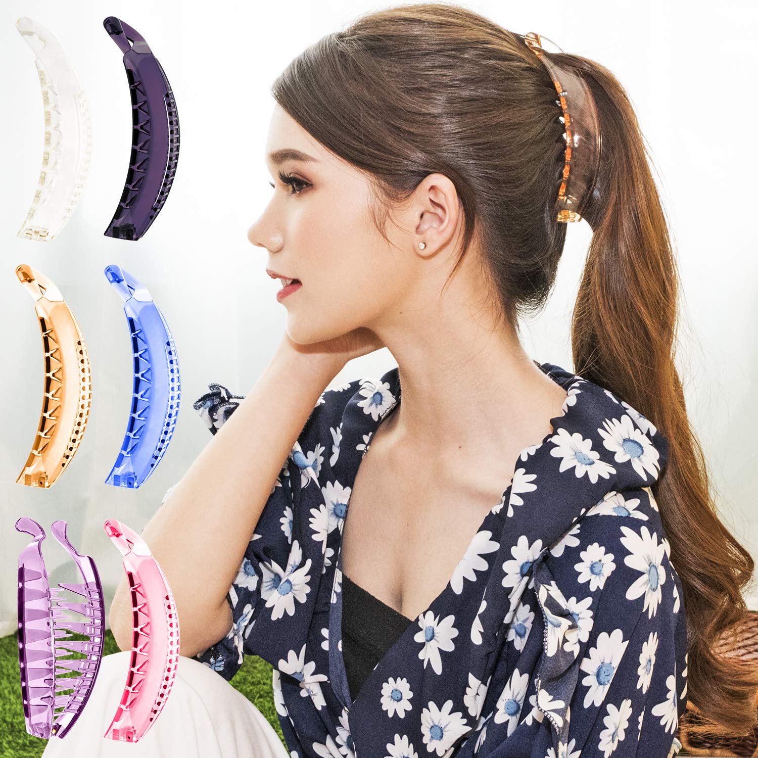 RC ROCHE ORNAMENT 6 Pcs Banana Hair Clips for Women Thick Hair Strong Hold No Slip Ponytail Holder Interlocking Teeth Clamps, Large Transparent Multicolor