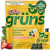 Gruns Multivitamin for Kids, Sugar-Free, Super Greens Superfood Gummy Bears with 20 Vitamins & Minerals, Alfalfa, Spirulina, Chlorella, Prebiotics Fiber for Digestive Health, Adaptogens, 28 ct