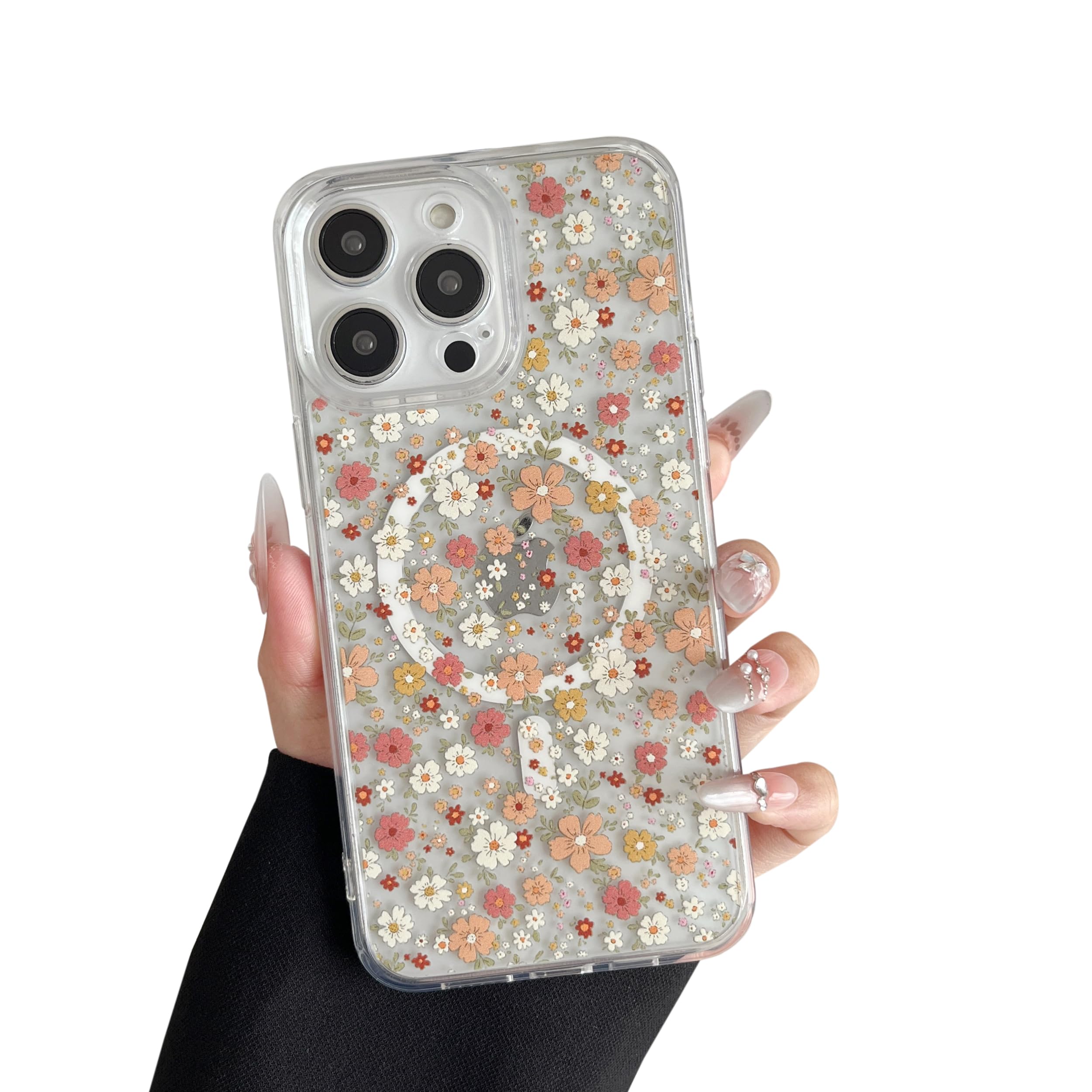Photo 1 of RALEAVO for iPhone 15 Case Compatible with MagSafe Clear Floral Pattern Design Cute for Girls Women Slim Magnetic Hard Back Shockproof Phone Case for iPhone 15,Vibrant Flowers