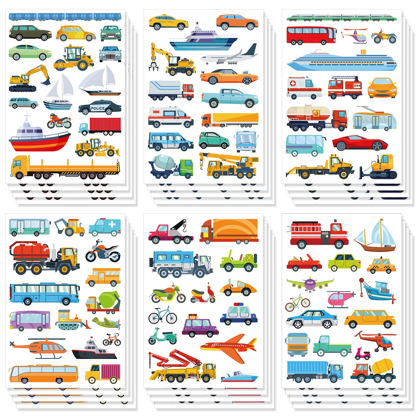 24 Sheet/372pcs Cars and Trucks Theme Stickers, Engineering Vehicle Kids Transportation Tractor Construction Truck Decor for Toddler Boys and Girls