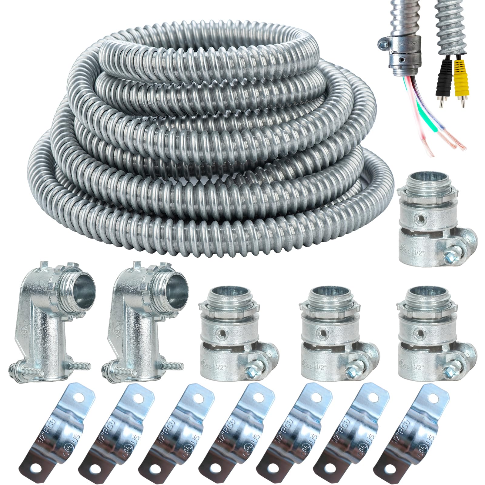 Photo 1 of (1/2" Dia * 25 Feet) Yariwiz Flexible Steel Electrical Conduit Liquid Tight Steel Conduit Kit with 4 PCS Coupling, 2 PCS Elbow and 7 PCS Strap, Flex Liquidtight S-LCCK-0.5-25FT-KIT