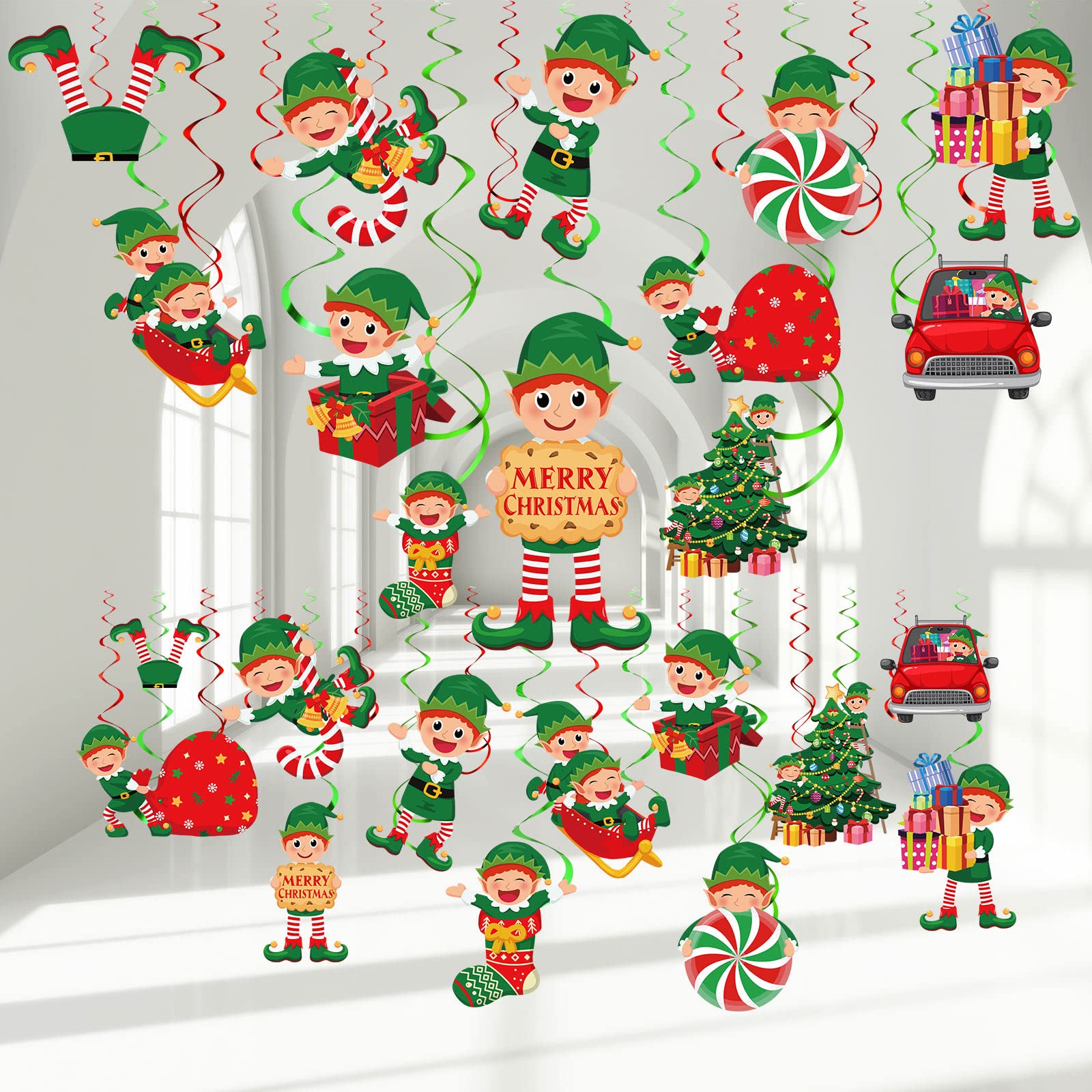 Zomiboo 53 Pcs Christmas Hanging Swirls Decorations Christmas Candy Gingerbread Man Elves Truck Red Cardinals Christmas Ceiling Decor Ornaments for Christmas Tree Xmas Holiday Party Supplies (Elf)