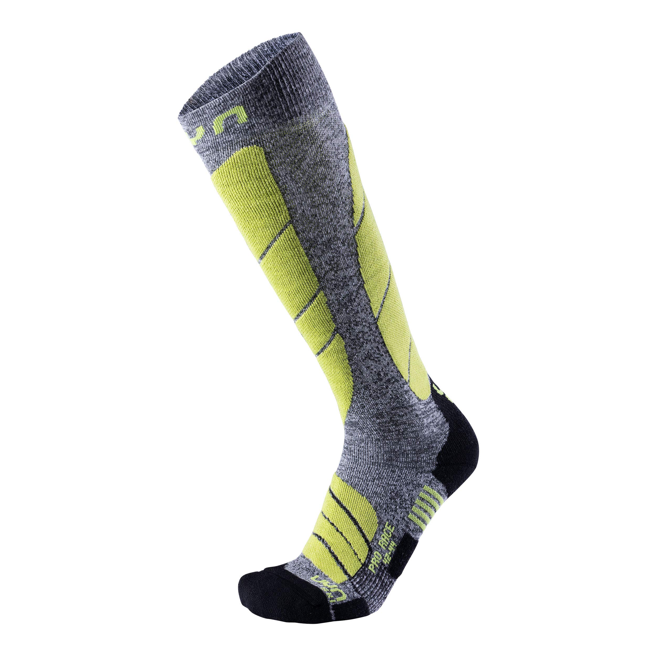 UYN Men Pro Race Men's Ski Socks - Grey Melange/Green Lime, 42/44