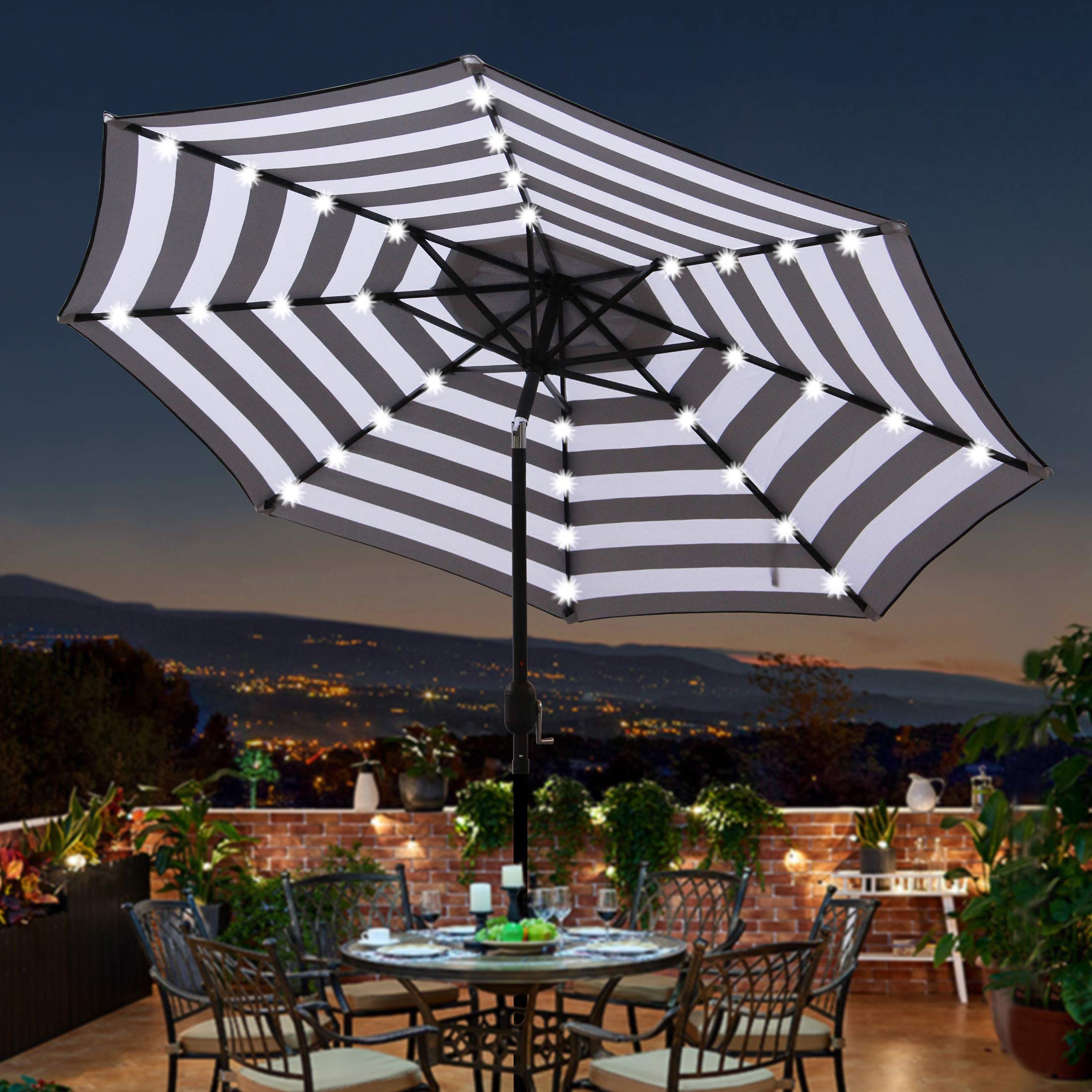 Blissun 9 ft Solar Umbrella 32 LED Lighted Patio Umbrella Table Market Umbrella with Tilt and Crank Outdoor Umbrella for Garden, Deck, Backyard, Pool and Beach (Black and White)