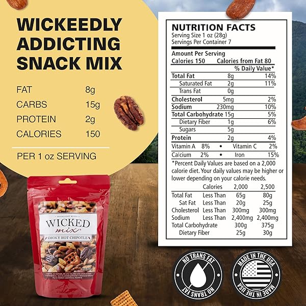WICKED MIX SNACK MIX WITH MIXED NUTS – SWEET AND SALTY SNACKS TRAIL MIX SNACK PACKS WITH ALMONDS, CASHEWS, PRETZELS, PECANS – HEALTHY SNACKS ZERO TRANS FAT IN RESEALABLE BAG – SMOKY CHIPOTLE