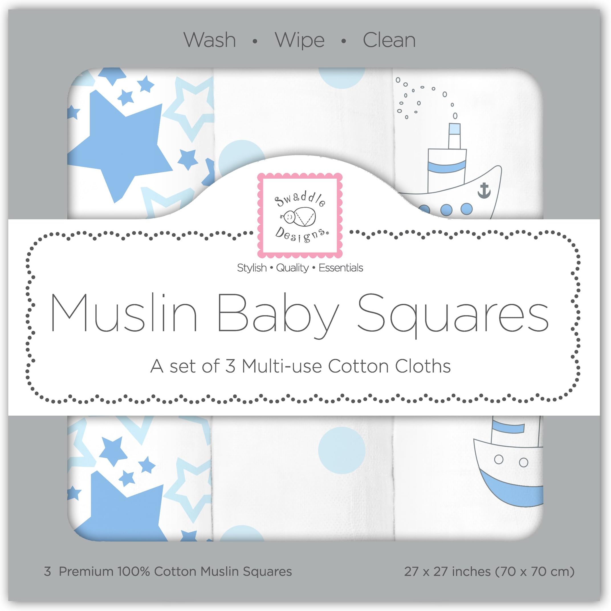 SwaddleDesignsCotton Muslin Squares, Set of 3, 27x27 inches, Pastel Blue Nautical Little Ships Fun
