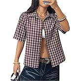 Luckydora Women's Cropped Plaid Shirt Y2K Short Sleeve Button Up Top Vintage Streetwear