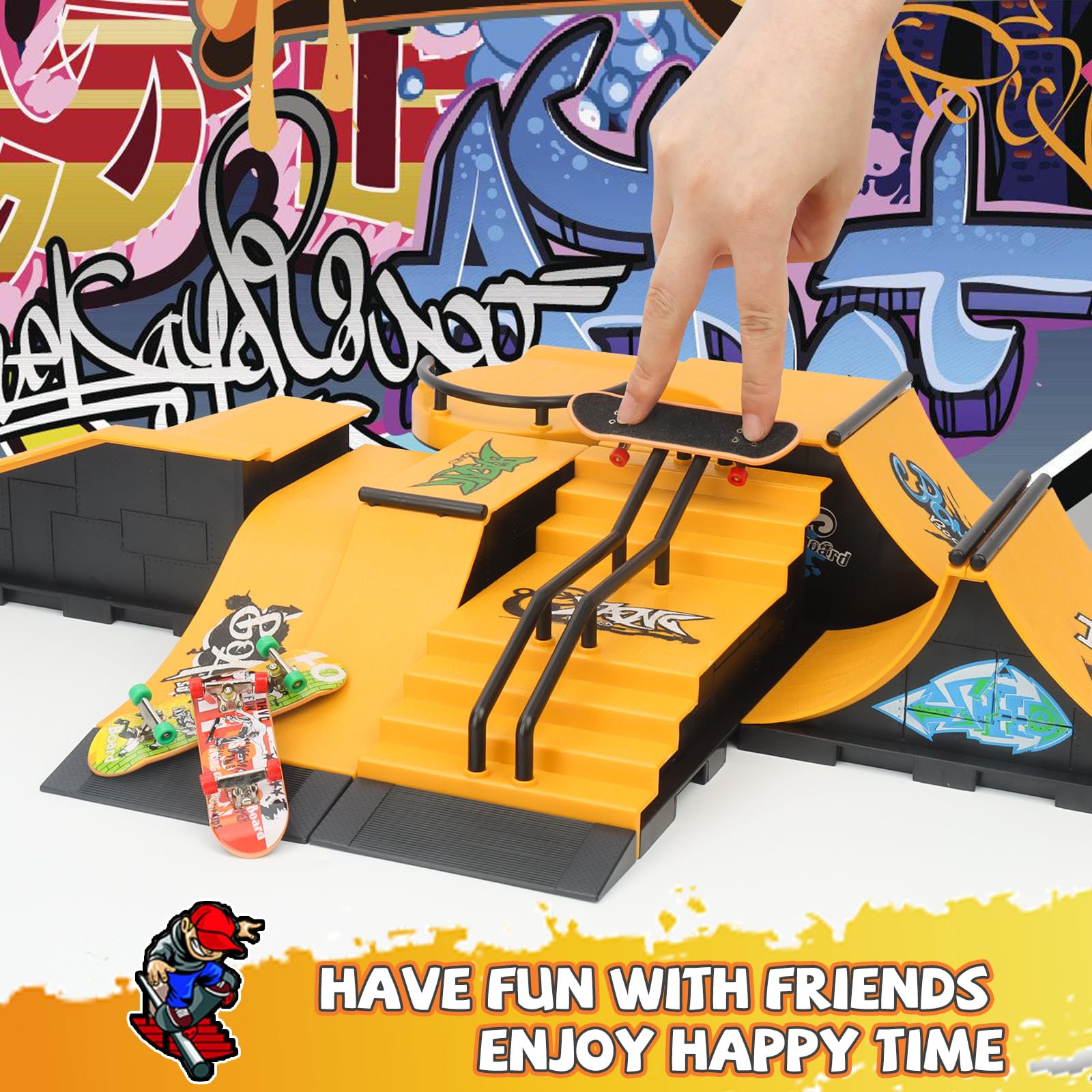Finger Skateboard Ramps Set, 6-in-1 Bigger Fingerboard Skatepark Skate Park Kit Training Props with 6 Finger Skateboard 6 Finger Deck & Display Holder Finger Skate Toys for Kids & Adults Gifts