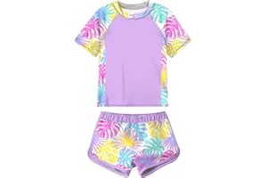 Enlifety 7-16T Girls Swimsuit 2 Piece Bathing Suit Short Sleeve Rash Guard Swimwear Set