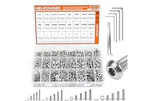 HELIFOUNER 810 Pieces M3 M4 M5 M6 304 Stainless Steel Button Head Socket Cap Metric Screws Bolts, Flat Washers and Nuts Assortment Kit with Hex Wrenches