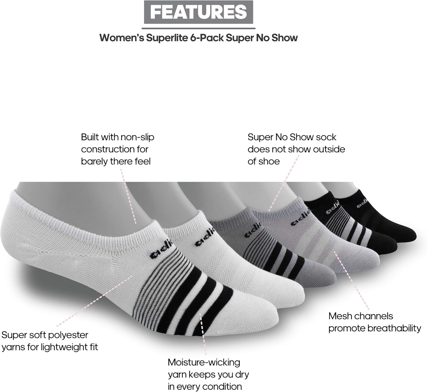 adidas Women's Superlite Super No Show Socks (6-Pack): Clothing