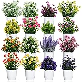 Cindeer 16 Pcs Small Fake Plants Artificial Potted Plants Faux House Plant Mini Pot Plastic Flowers for Indoor Outdoor Home Kitchen Office Desktop Wedding Decor