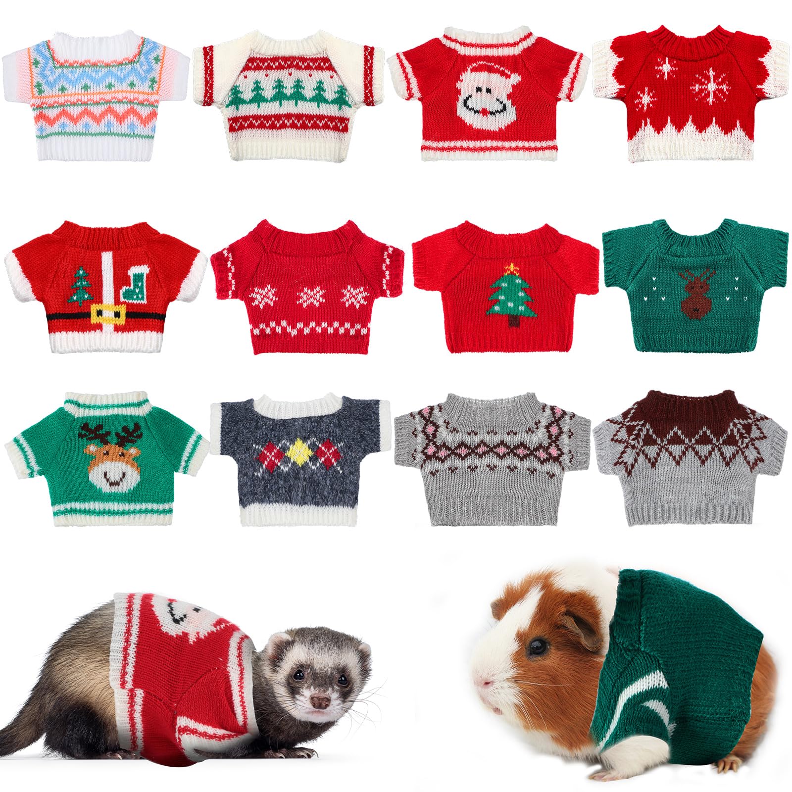 Mixweer 12 Pcs Ferret Clothes Hamster Sweater Christmas Guinea Pig Clothes Bunny Costume Knitted Sweatshirt for Warm Winter Christmas Vest Clothing Ferret Accessories Small Animal Outfit