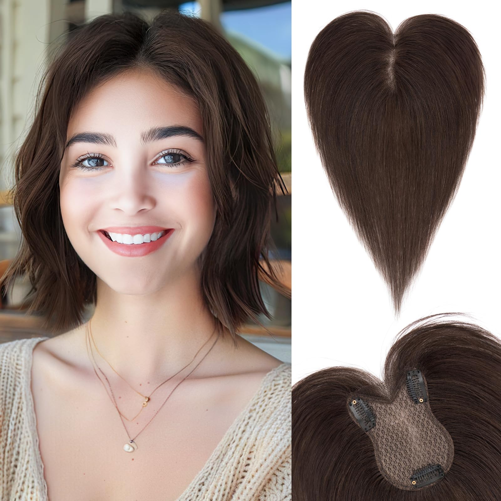 SEGOHAIR Hair Toppers for Thinning Women Real Human Hair Double-Layer Hand-Stitched 360°3D Coverage Hairpieces Clip in Extension Add Volume, 8x11 inch Dark Brown,21g — image 1