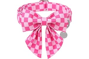 Dog Collar with Bow Tie,UP URARA PUP Pink Plaid Bowtie Dog Collar, Summer Bowtie Collar for Puppy Boy Girl Dog, Comfortable Cotton Dog Collar with Metal Buckle,M