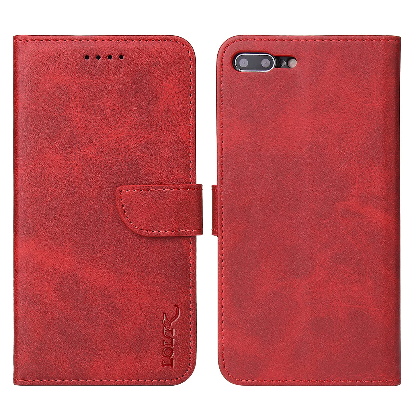 LOLFZ Wallet Case for iPhone 7 Plus 8 Plus, Vintage Leather Book Case with Card Holder Kickstand Magnetic Closure Flip Case Cover - Red