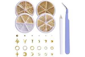 DANNEASY 4 Boxes 3D Gold Charms - Star, Moon, Ring, Multiple Shape Gem Metal Caviar Beads Jewels Studs Rivets Art Decoration for Acrylic Nails