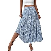 TuoGo Women's Smocked High Waist Maxi Skirt Casual Boho Long Skirts with Pockets