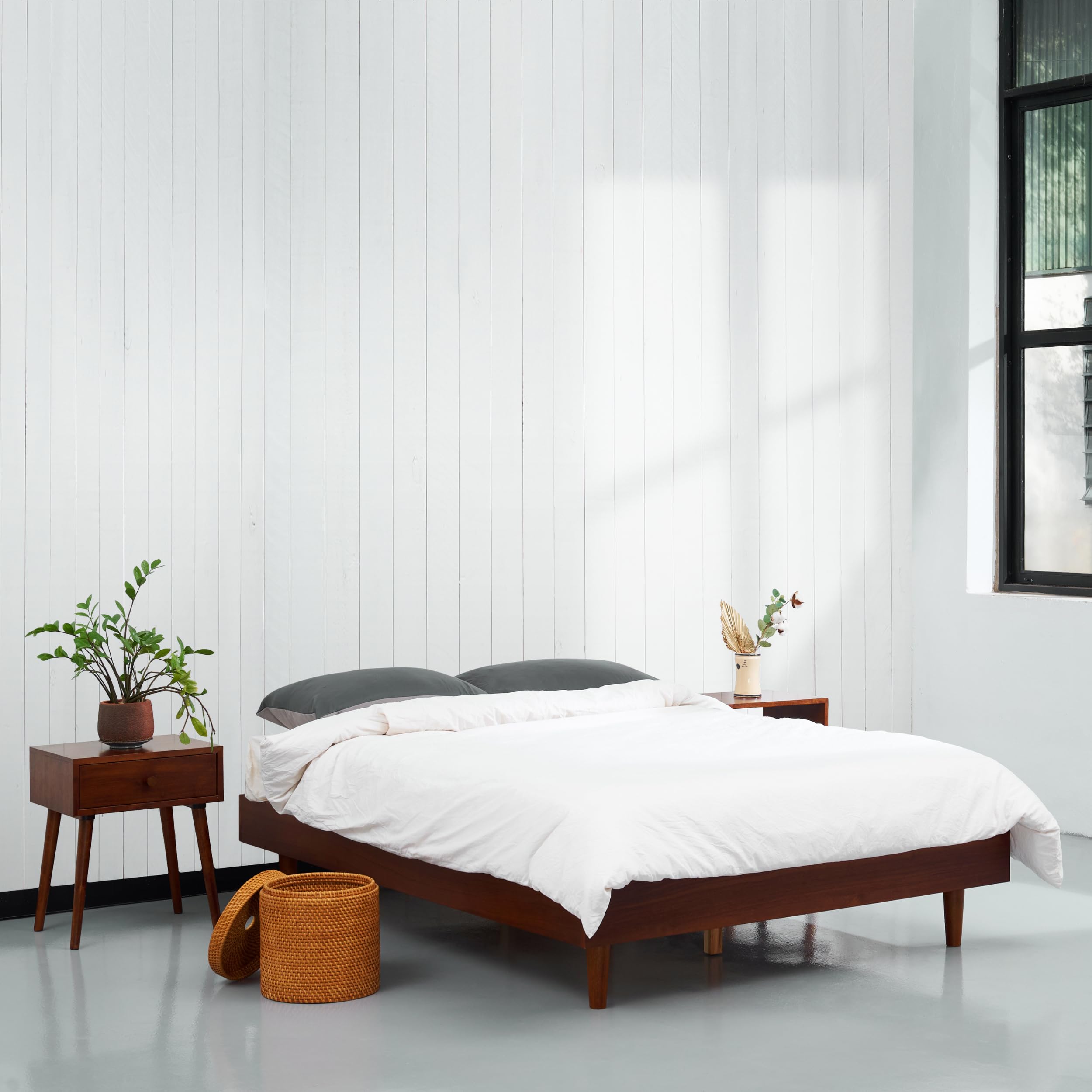 Photo 1 of NTC Fly Wooden Bed Frame with Headboard, Solid Wood Foundation with Silent Slats and Wood Central Supports, 1000 Lb Capacity, Effortless Assembly, Full- Dark Walnut