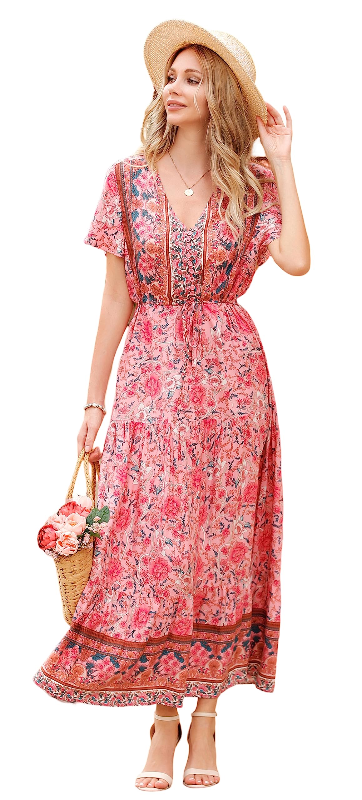 Photo 1 of R.Vivimos Womens Summer Floral Print Cotton Short Sleeve Flowy Dress (X-Large, LightPink)