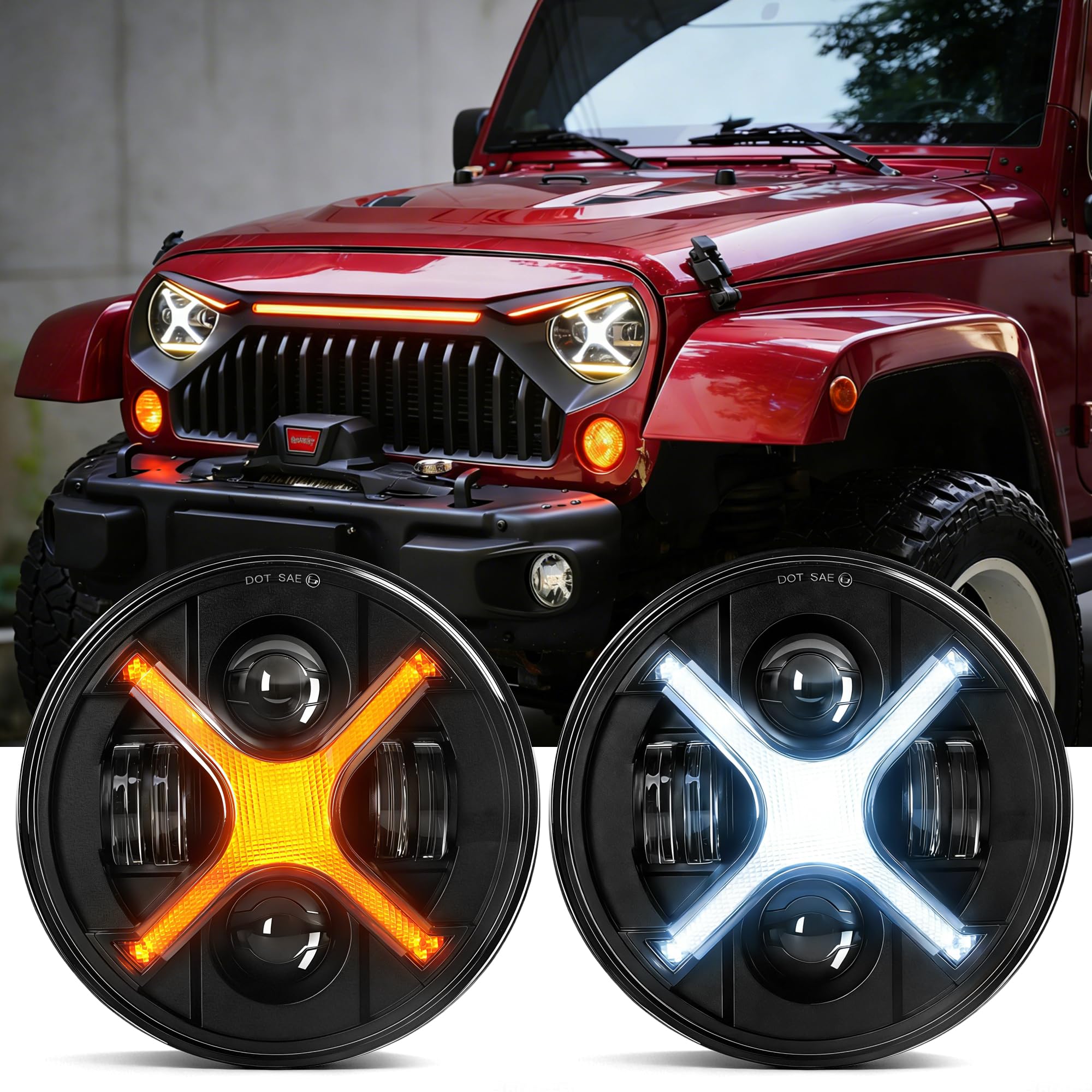 Photo 1 of OFFROAD GAMERS X-Design 7 Inch Round LED Headlights Compatible with Jeep Wrangler JK TJ LJ, High Performance Projector Eyes with White X-Shape DRL & Amber Signal, DOT SAE Legal