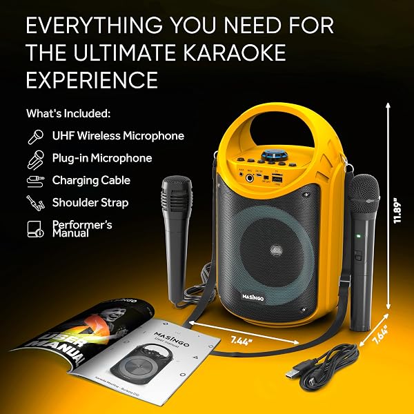 MASINGO KARAOKE MACHINE FOR KIDS AND ADULTS WITH 1 WIRELESS KARAOKE MICROPHONE AND 1 WIRED MIC, PA PORTABLE SPEAKER WITH LED LIGHTS, SUPPORTS TF CARD/USB, AUX/MIC IN, TWS FOR HOME PARTY, BURLETTA C10