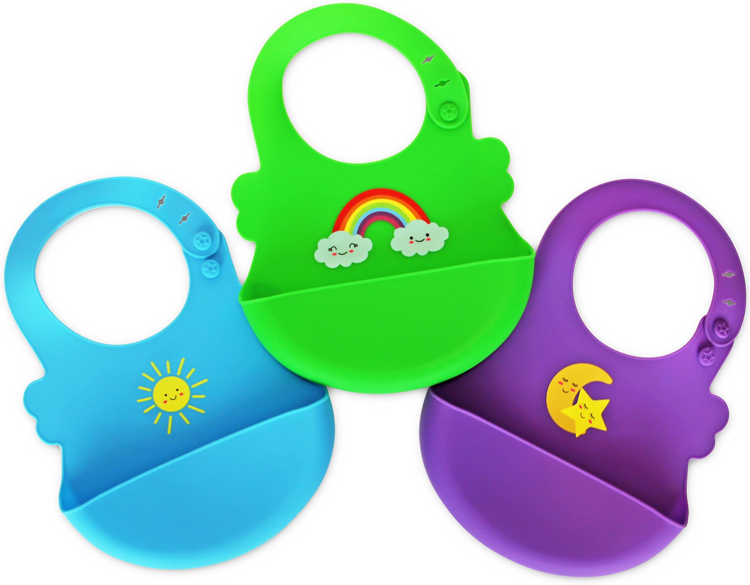 Baby Bibs - Cute Silicone Bibs for Babies & Toddlers - by Andmar. Soft, Safe, for Boys and Girls, Easy to wash and Easy to use. Set of 3 in Different Colors.