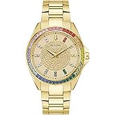 Bulova Men's Crystal Phantom Gold Tone Stainless Steel 3-Hand Watch, Rainbow Crystal Bezel and Gold Dial with Pave Center, Style:97A179