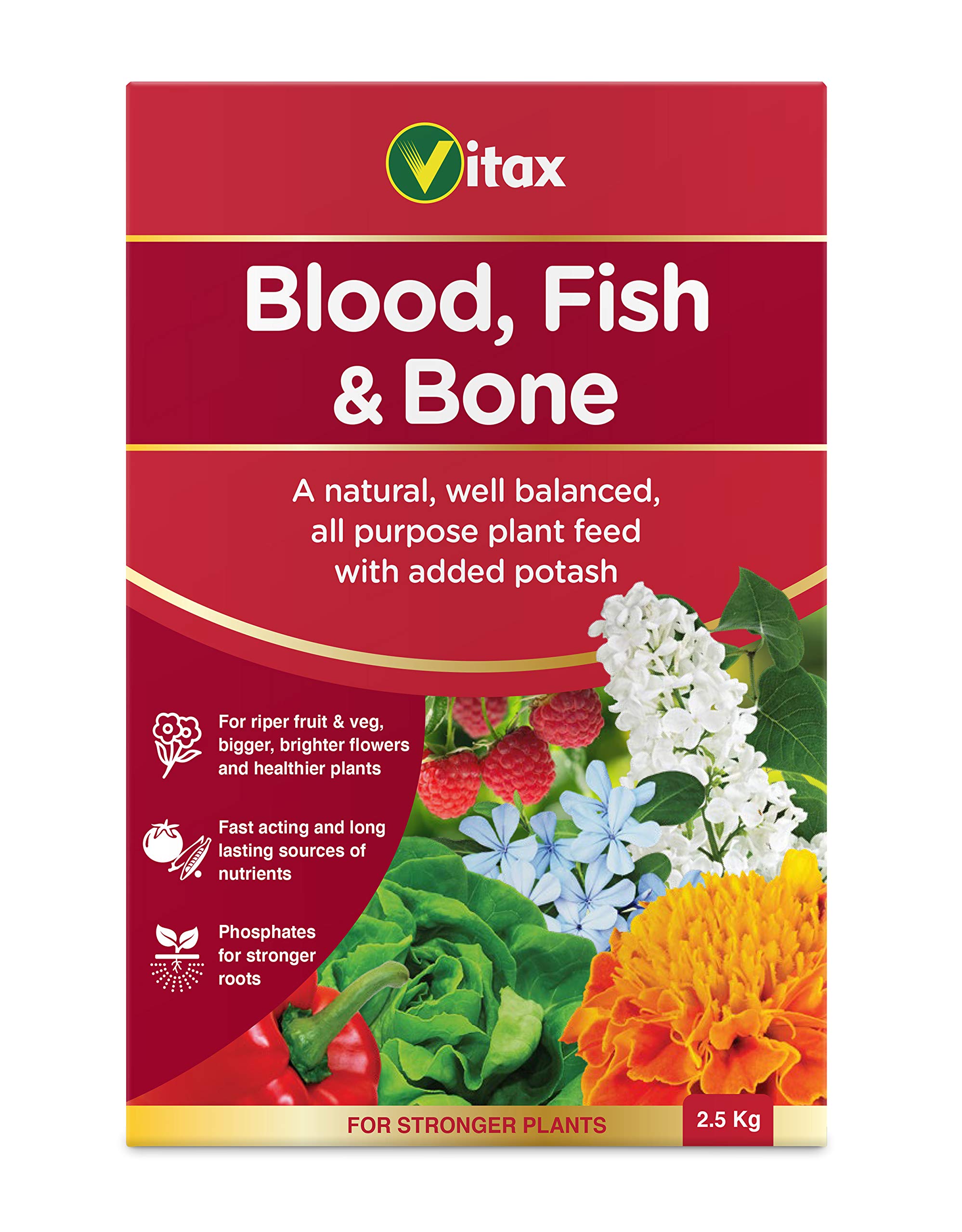Vitax Blood Fish & Bone, Organic-Based, General Purpose Fertiliser, Suitable For Fruit, Vegetables & Flowers, Slow Release, Promotes Root Growth- 2.5Kg