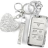 YIKECASE Key Fob Cover with Diamond Keychain Car Key Holder Compatible with Land Rover Range Rover Evoque Sport Vogue Discovery 5 Jaguar E I-PACE 2018-2023 Protector for Women, (Silver-Heart)