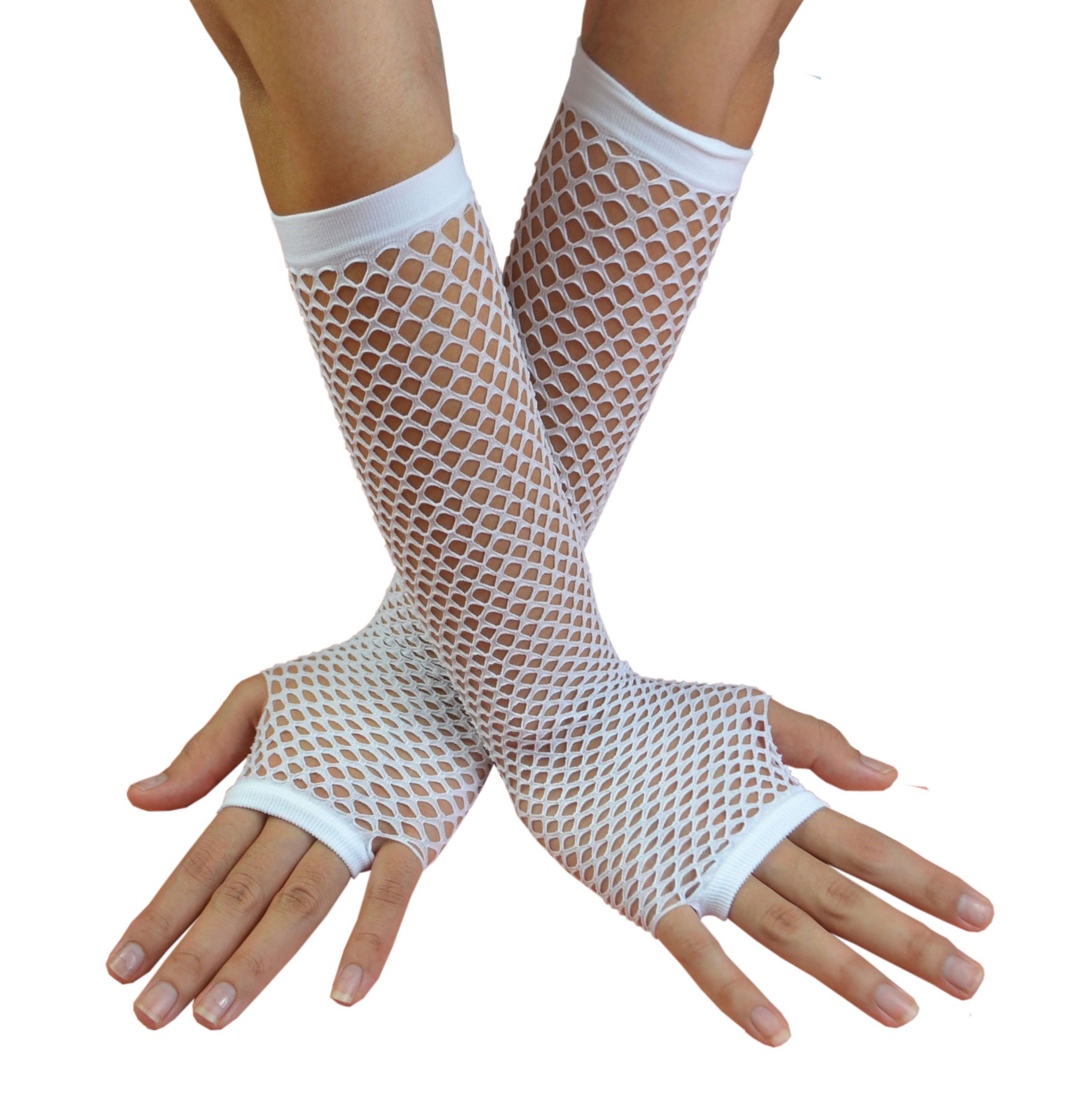 2 Pairs Women's Nylon Fingerless Fishnet Mesh Long Gloves For Ballroom, Christmas, Cosplay Party Costume Accessory GF1, White, One Size