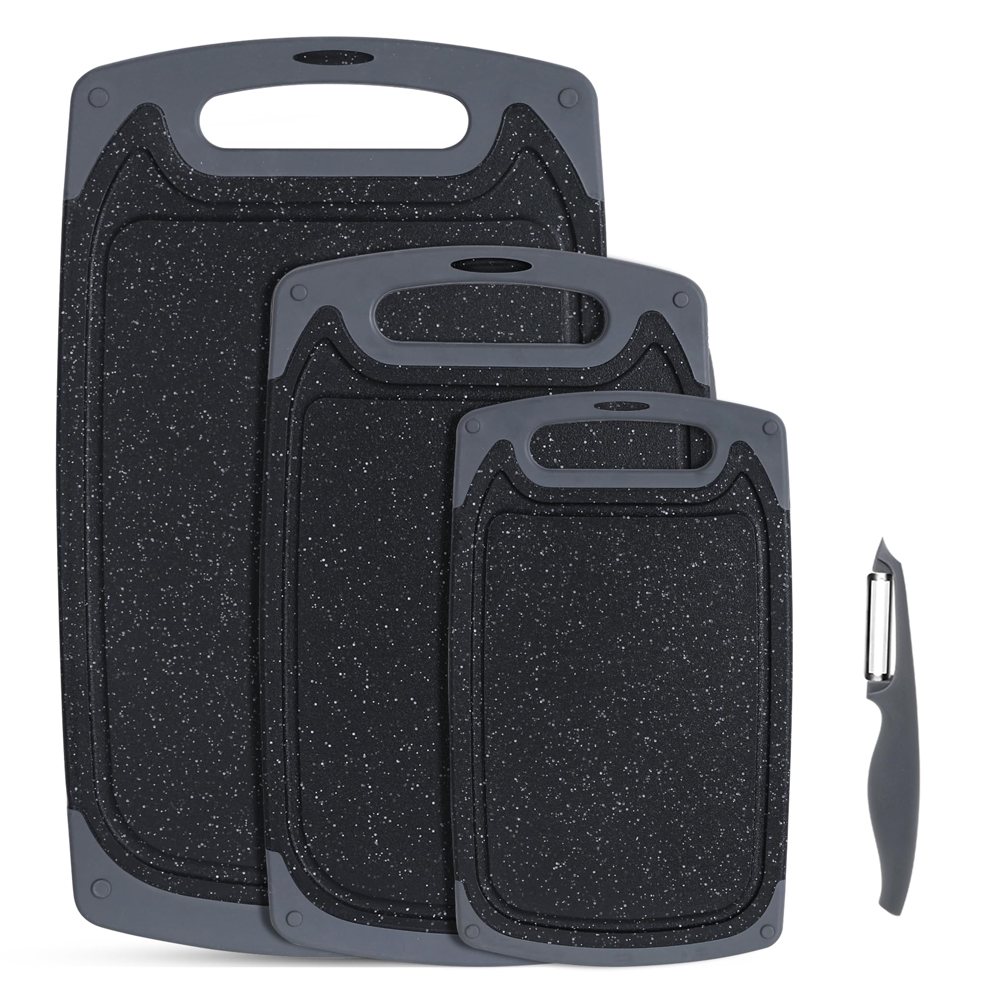 SKERITO Chopping Board Set, Kitchen Cutting Boards, BPA Free Plastic Chopping Boards with Non-Slip Feet and Deep Drip Juice Groove, Dishwasher Safe Cutting Board, 3pcs, Black