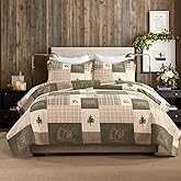 QuiltEase Cabin Plaid Quilt King Size - King Quilt Set, 100% Cotton King Quilt Bedding Bedspreads, Lightweight Bear Forest Tree Deer Patchwork Comforter Set, Brown/Grayish Green/Beige, 3 Piece