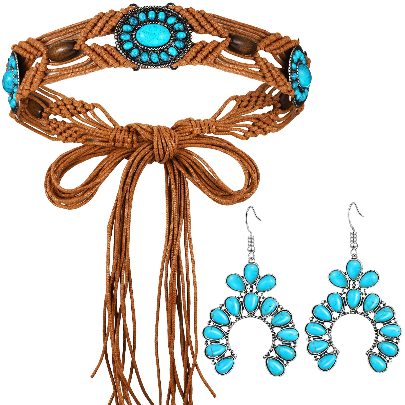 Photo 1 of (PARTIAL SET) 2 Pcs Turquoise Braid Waist Belt Set with Beaded Dangle Earrings Bohemian Rope Belt with Tassel Western Jewelry for Women(Brown)