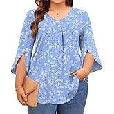 Aodemo Womens Plus Size Tops 3/4 Sleeve Dressy Chiffon Blouse Summer Work Tunic Casual Flowy Shirt M-5XL