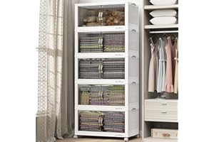 BROVIEW 120 Qt Stackable Storage Bins with Lid, Closet Organizer and Storage Drawer, Collapsible Storage Box with Wheels, Plastic Clothes Storage Cabinet Containers for Home Organization, 5Pack White