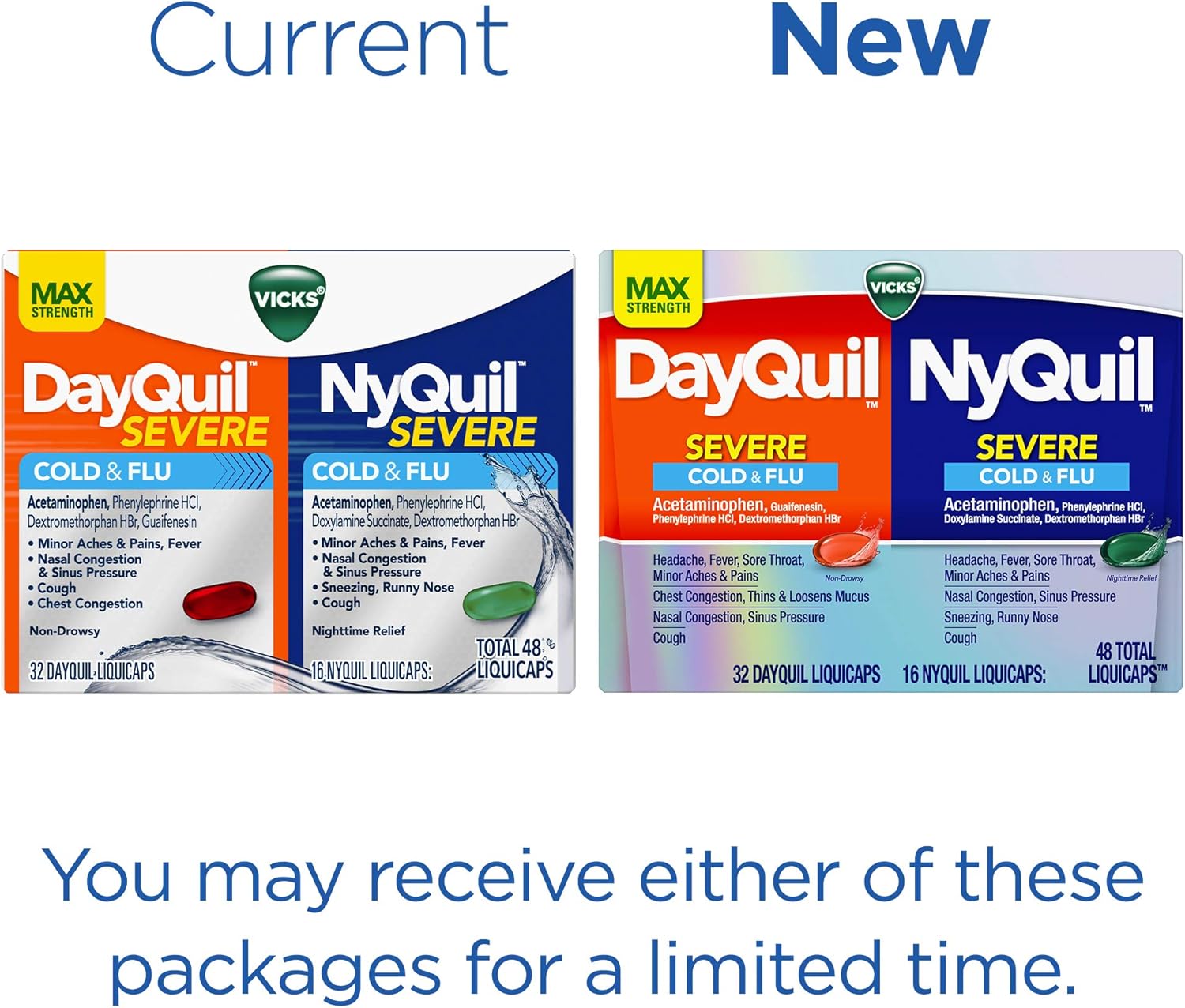 Vicks DayQuil and NyQuil SEVERE Cough, Cold and Flu Relief, 48 LiquiCaps (32 DayQuil and 16 NyQuil) - Sore Throat, Fever, and Congestion Relief, Day or Night (Packaging May Vary): Health & Personal Care