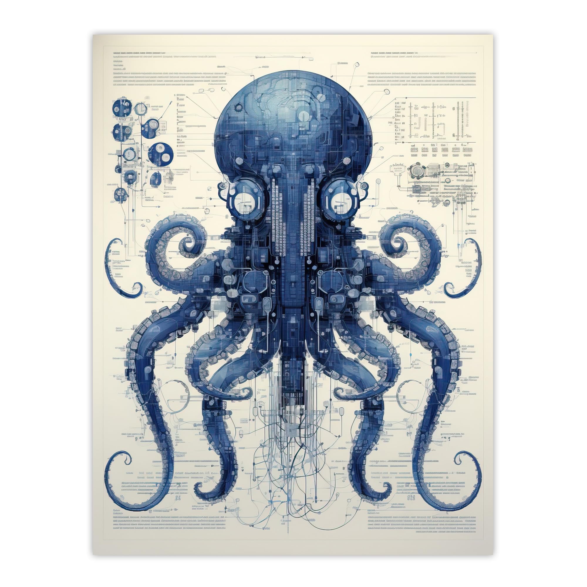 Artery8 Octopus Robot Hybrid Schematic Blueprint Futuristic Secret Complex Arcane Manuscript Gift For Him Man Cave Extra Large XL Wall Art Poster Print