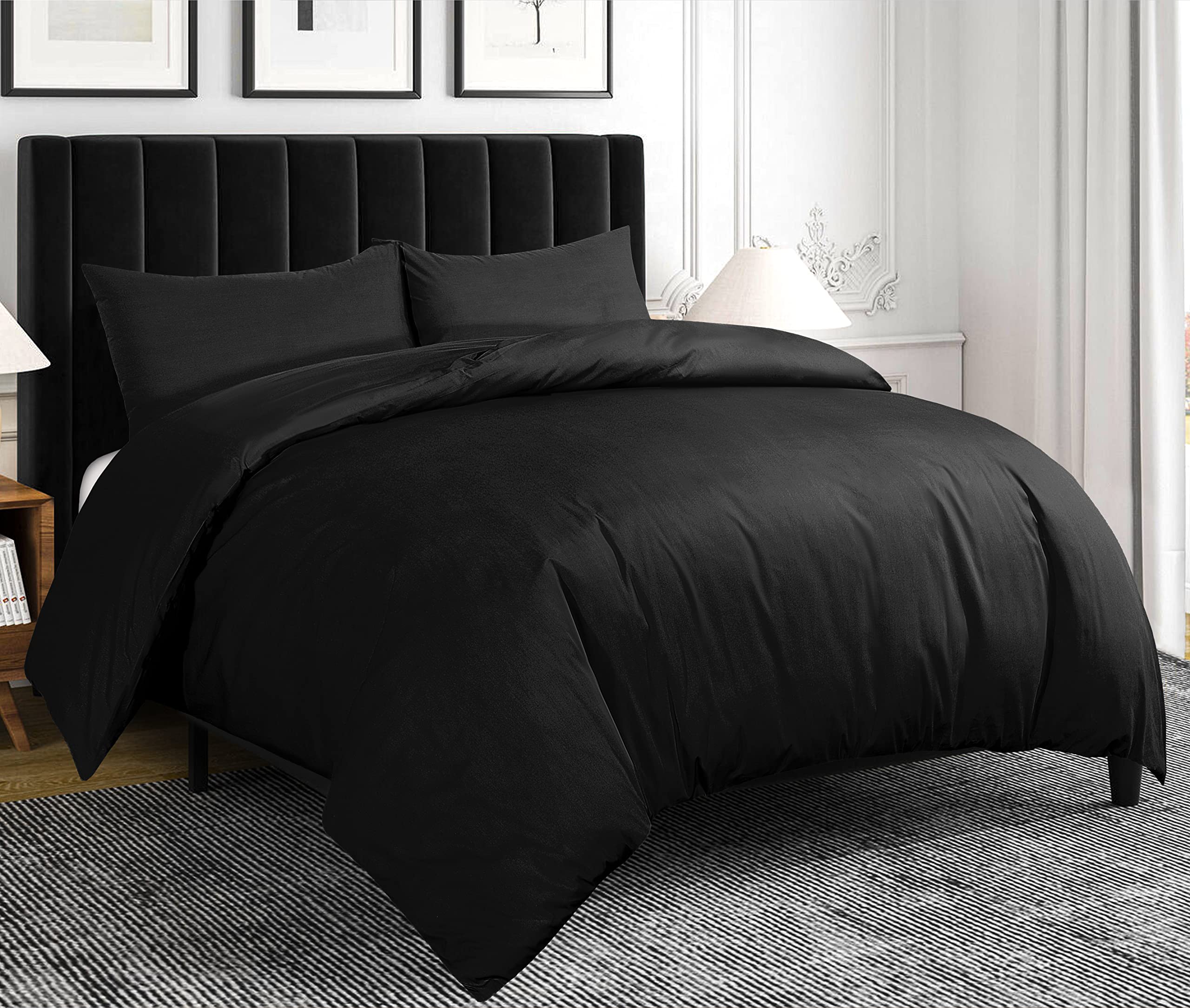 Crescent Collection 300 Thread Count 100% Pure Egyptian Cotton Duvet Cover With Pillowcase Bedding Set (Black, Double: 200x200cm)